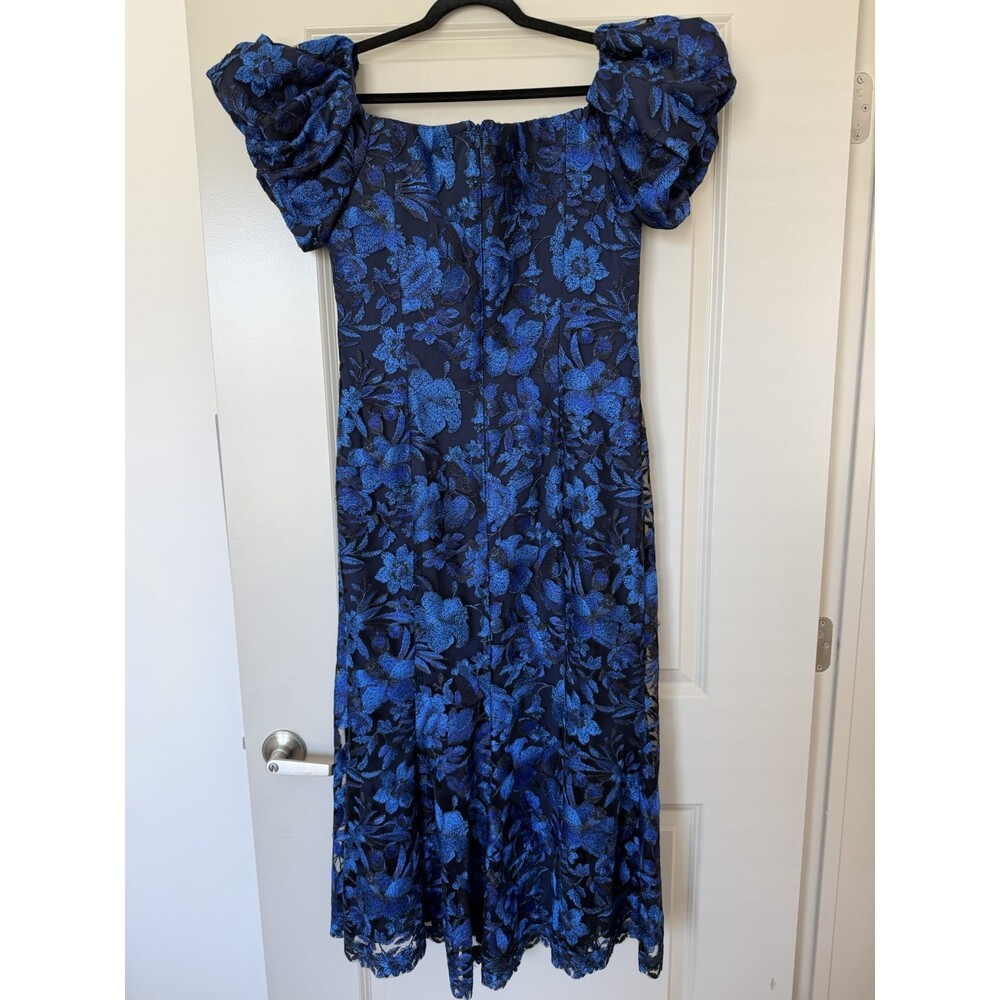 Tadashi Shoji Embroidered Floral Off-The-Shoulder Midi Dress Blue Black Size 14 - Picture 4 of 10